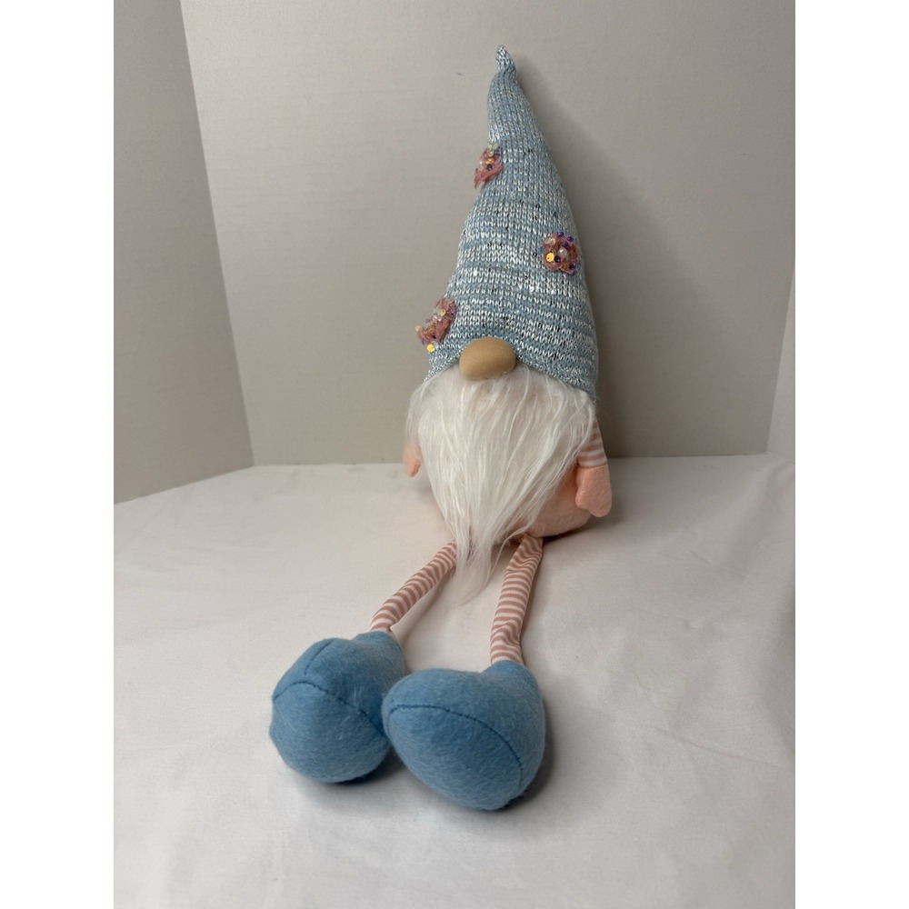 Whimsical Gnome Doll Blue Knit Hat Pink Striped Legs Plush Spring Decor